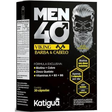 Imagem de Katiguá Men 40 Viking Barba E Cabelo Com Biotina + Cobre Zinco Quelato Vitamina A + B3 + B6 Sem Sabor Para Homens 30 Cápsulas Rígidas • 30 Doses Preto