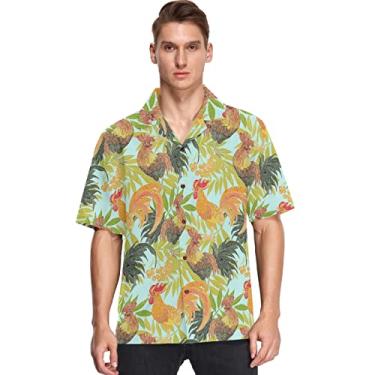 Imagem de visesunny Camisa masculina casual de botão manga curta havaiana galo estilo abstrato Aloha, Multicolorido, XXG