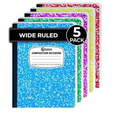 Imagem de Rosmonde Pacote com 5 cadernos de composição larga, 200 páginas (100 folhas), 9-3/4x7-1/2, cadernos para trabalho, material de volta às aulas, livros de composição de capa dura, cadernos para