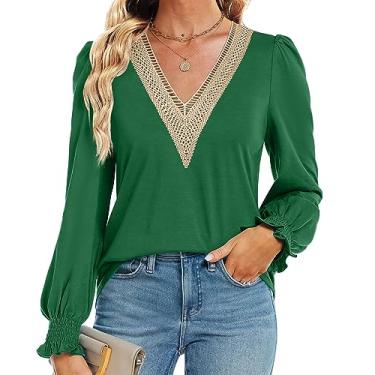 Imagem de Funlingo Túnica feminina casual de renda com gola V, blusas elegantes e folgadas de manga comprida, Verde Kelly, 3G