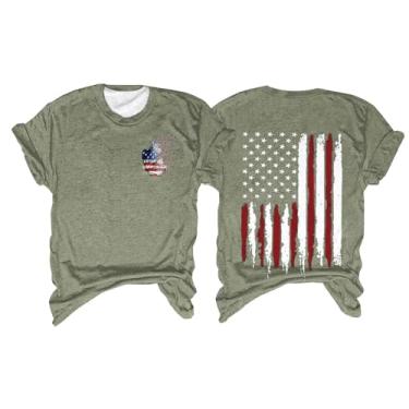 Imagem de Camiseta feminina moderna gola redonda manga curta Dia da Independência com estampa da bandeira americana Liberdade Familiar Feminina Algodão, Verde, G