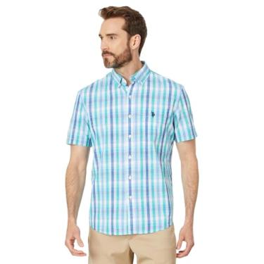Imagem de U.S. Polo Assn. Camisa masculina de manga curta, caimento clássico, 1 bolso, fio de algodão, tingido, xadrez, popelina, Raft azul, GG