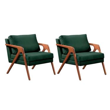 Imagem de Kit 2 Poltronas Decorativa Mona Luxo Veludo Verde e Base Madeira Maciça