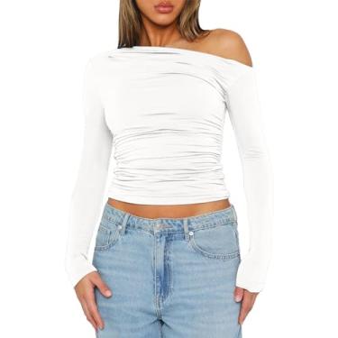 Imagem de Blusa feminina de manga comprida com ombro de fora Y2k cropped slim justa sólida básica camisetas casuais para sair, Branco 1, GG