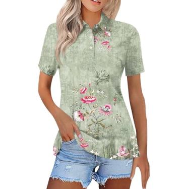 Imagem de Camisetas femininas verão floral gráfico manga curta elegante gola lapela moda túnica casual solta botão blusa, Ag, M