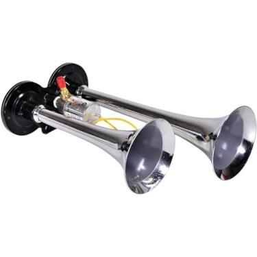 Imagem de Kit de buzina elétrica 125 DB buzina de ar de carro para van de caminhão, buzina de ar de trompete de tubo duplo para veículo modificado, buzina de ar de alto-falante super alto, prata, 24V