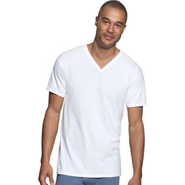 Imagem de Hanes Camiseta masculina clássica de modelagem tradicional ComfortSoft sem etiqueta com decote em V, Branco, M