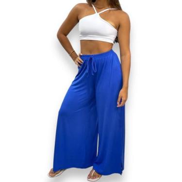 Imagem de Calça Pantalona Feminina com Fenda Lateral Cintura Alta Viscolycra - U