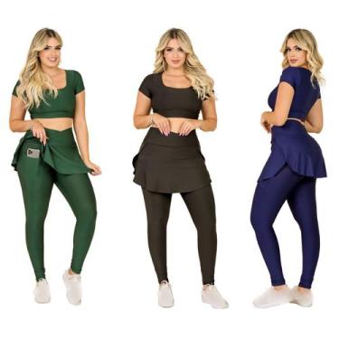 Imagem de Kit 3 Conjuntos Feminino Fitness Calça Legging Saia Com Bolso e Top Cr