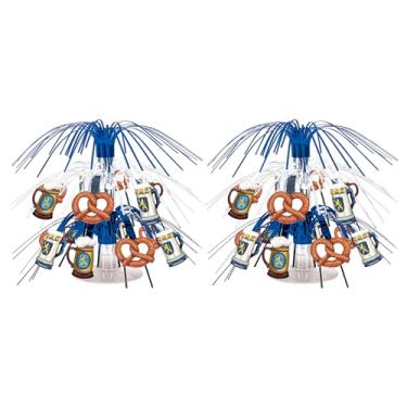 Imagem de Beistle Conjunto de 2 mini peças centrais em cascata Oktoberfest, 19 cm - franjas de plástico prata metálica e azul com pretzels e canecas, decorações de mesa de festa bávara do festival de cerveja