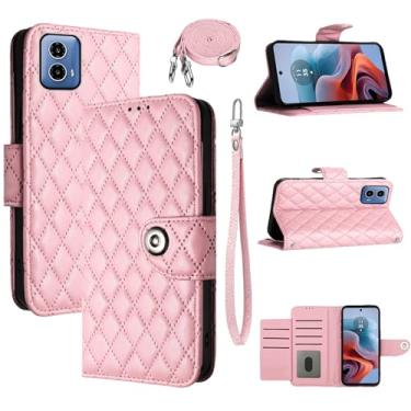 Imagem de Dswteny Capa carteira para Motorola Moto G34 com alça de ombro transversal, padrão Argyle PU couro flip suporte para cartão de crédito capa para celular MotoG34 meninas mulheres rosa