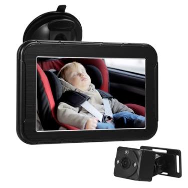 Imagem de Espelho de carro para bebê, monitor de bebê de carro HD 1080P de 5'' com câmera para assento de carro infantil, câmera traseira voltada para o banco traseiro com ampla visão clara para recém-nascido