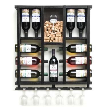 Imagem de Adega Madeira 11 Garrafas Vinho Porta Rolhas E Taças - Delenha Decor