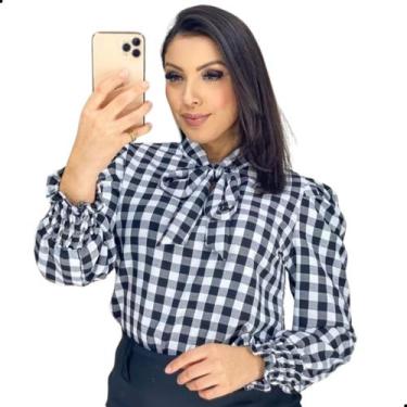 Imagem de Blusa Xadrez Feminina Manga Longa Bufante Princesa Gola Laço - Look Mo