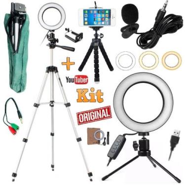 Imagem de Kit Youtuber Profissional Microfone Lapela Tripé Luz Anel Ring Light L