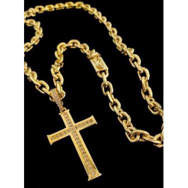 Imagem de Corrente cadeado 8mm + pingente crucifixo banhado a ouro 18k - ToJoia1