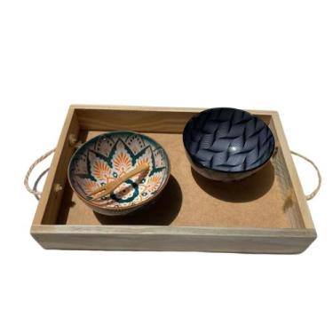 Imagem de Bandeja de madeira feita a mão com alças em corda e 2 bowls - Pracaza