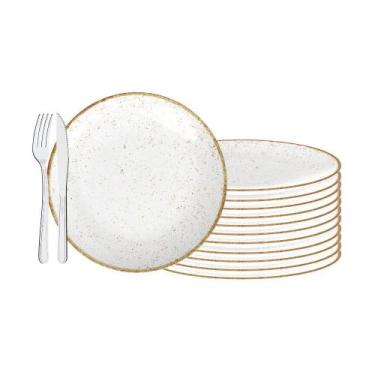 Imagem de Jogo de Pratos Rústico 12pç Porcelana 28cm Com Talheres Búzios Tramont