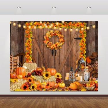 Imagem de Feliz Dia de Ação de Graças, cenário fotográfico, 3 x 2,4 m, outono, celeiro, abóbora, colheita, feno, festa de Ação de Graças, palheiro, outono, Dia de Ação de Graças, Natal, chá de bebê,