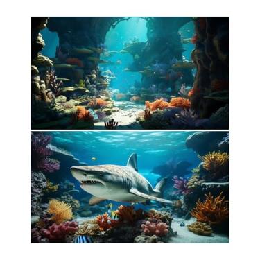Imagem de Pacote com 2 unidades, fundo de aquário, vida marinha, tubarão, terrário, cenário subaquático, recifes de corais, rocha, fundo de aquário, peixes tropicais, paisagem submarina, pôster de papel de