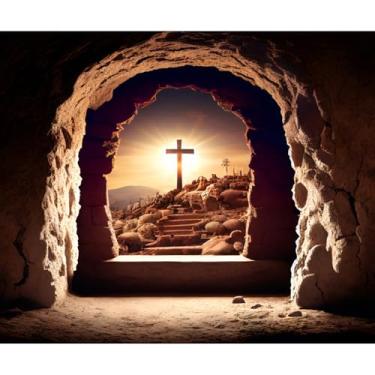 Imagem de DASHAN Pano de fundo de 3 x 2,4 m para a tumba da Páscoa, crucifixo, Deus abençoe, cenário de foto ressurreição de Jesus, fundo de luz sagrada, cristão, decoração de batismo, decoração de igreja,