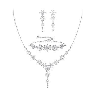 Imagem de Crysdue Conjunto de brincos com pingente de colar de zircônia cúbica banhado a ouro rosa e prata 14K, Latão, Zircônia cúbica