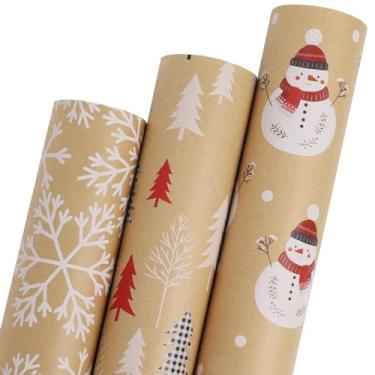 Imagem de LaRibbons Rolos de papel de embrulho de Natal Kraft com recortes, boneco de neve/floco de neve e design colorido de árvore de Natal para férias, festa, parabéns, 43 cm × 3 pés (3 rolos: 42,3 m²)