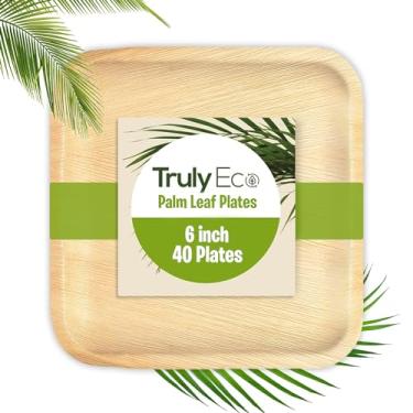 Imagem de Truly Eco Pratos de folha de palmeira - como pratos de bambu descartáveis - Compostáveis, biodegradáveis e ecológicas - Pratos de folhas de sobremesa e aperitivo para festas - Melhor do que placas de madeira (placas quadradas de 106 cm)