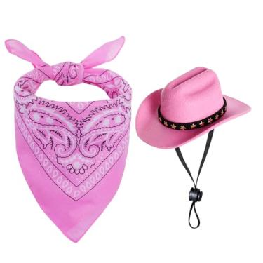 Imagem de choyaxo Fantasias de Halloween para Cães e Gatos, Conjunto Caubói com Chapéu de Cowboy e Bandana Rosa, Tamanho P ou L, Material Poliéster e Algodão