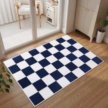 Imagem de Terrug Tapete xadrez pequeno azul marinho e branco para quarto, tapete lavável macio 5 x 7 cm com suporte antiderrapante, tapete de pilha baixa para entrada, corredor, cozinha, lavanderia