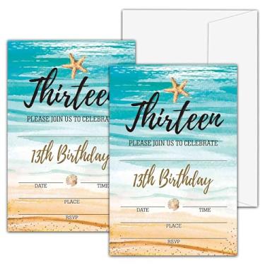 Imagem de Convites de aniversário de 13 anos para meninos e meninas, convites de festa de aniversário na praia, cartões de convite de preenchimento de treze anos, suprimentos de lembrancinha de festa de