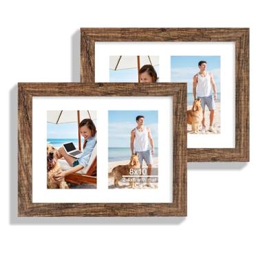 Imagem de Hongkee Conjunto de 20 x 25 x 25 porta-retrato rústico de madeira marrom com moldura de colagem de vidro, imagens de 6 a 10 x 15 com tapete ou 20 x 25 sem tapete - Montagem na parede horizontal ou