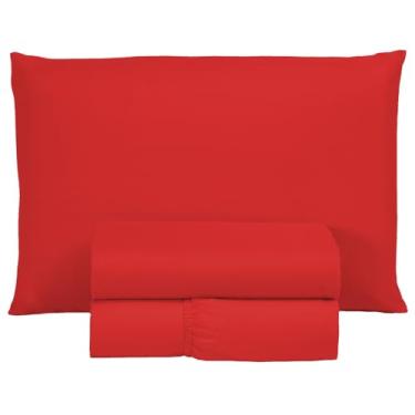 Imagem de Jogo de Lençol Solteiro 400 Fios Micro Percal Toque Aveludado 3 Peças Roupa de Cama com Elástico e Fronha (Vermelho)