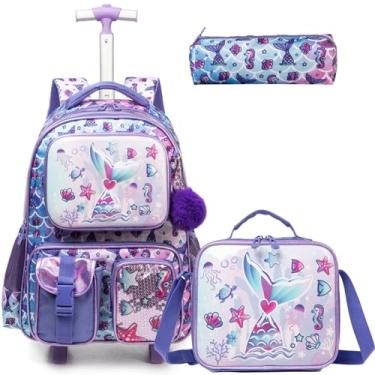 Imagem de Egchescebo Mochila Escolar Infantil com Rodinhas para Meninas e Crianças Rodas Bolsa Mala Carrinho 17” 3PCS Lancheira Juvenil Estojo Costas Divertidamente Multifuncionais Viagem Sereia Roxo