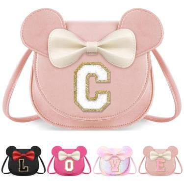 Imagem de izuzta Bolsa infantil para crianças 1 2 3 4 5 6 7 8 anos de idade bonito mouse orelha laço bolsa transversal presente de aniversário, Grande/bolsa rosa/letra branca, C, C
