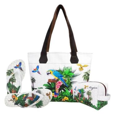 Imagem de Kit Tropical Feminino Araras com Bolsa, Necessaire e Chinelo Magicc Bolsas KIT-058