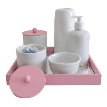 Imagem de Kit Higiene Porcelana Bebê Bandeja Mdf Colorida Espelho K156 - Ciranda