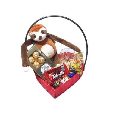 Imagem de Cesta Presente Coração Caneca 3D borossilicato, Pelúcia e Bombons (Bicho Preguiça)