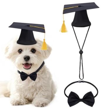 Imagem de Bonés de formatura para animais de estimação com gravata borboleta, chapéu de formatura com borla amarela, acessório de fantasia para cães pequenos e gatos, roupa de festa