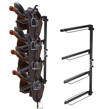 Imagem de TOPTGO Suporte de parede para selim de 4 níveis, rack de armazenamento de sela de cavalo para sela ocidental e inglesa - suporte de aço resistente suporta até 113 kg, suporta aderência, almofada,
