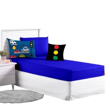 Imagem de Jogo Lençol Roupa Cama Infantil Solteiro 4 Pçs Fronha Elastico Quarto Criança Menino Carros Azul Royal