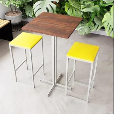 Imagem de Conjunto Mesa Alta Bar Bistrô Quadrada Imbuia 2 Bancos Estofado Industrial White (Amarelo)