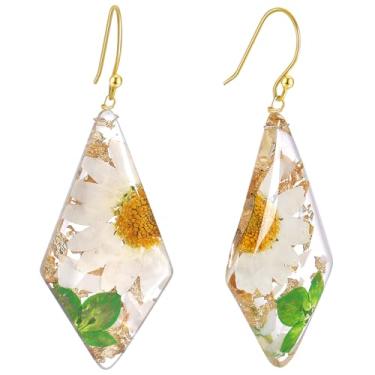 Imagem de Brincos de flor prensada feitos à mão, pingente geométrico, losango, prata esterlina com margarida, folha de samambaia natural, flor de arroz e folhas douradas em gota de resina para mulheres, Resina,