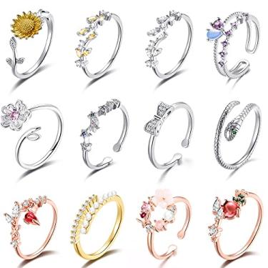 Imagem de TAMHOO Conjunto de anéis abertos de 9/12/15/16 peças para mulheres com zircônia cúbica cintilante - Pacote de anéis empilháveis para adolescentes, anéis em tom de ouro branco/ouro rosa/ouro rosa para