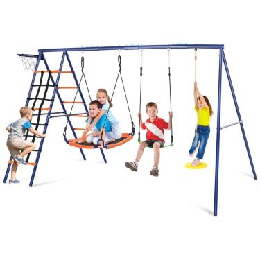 Imagem de Playground Infantil de Metal com Cesta de Basquete, Redes de Escalada Ajustáveis e Balanços, SIHANM, Azul