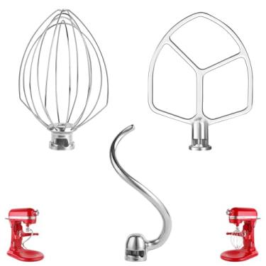 Imagem de Kit de acessórios de aço inoxidável com 3 peças, gancho de massa, batedor plano de 6 fios, compatível com batedeira KitchenAid 5-6QT, acessório para batedeira com suporte de tigela, resistente à
