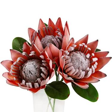 Imagem de Tinsow Protea Cynaroides artificiais para arranjos de flores, proteína sintética para centros de mesa de decoração, 3 buquê de seda para casamento (3, laranja)