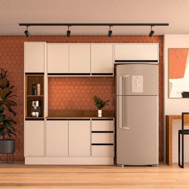 Imagem de Cozinha 4 Peças Balcão 3 Gavetas 2 Portas Aéreo Basculante Paneleiro com Tampo Koya Branco/Creme