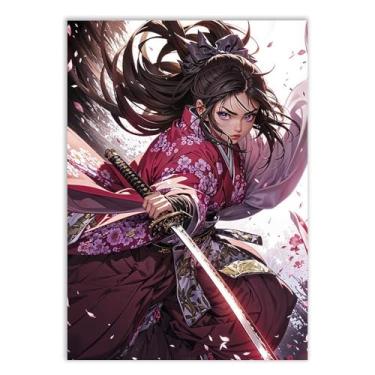 Imagem de Placa Decorativa Anime Gueixa Samurai Espada Rosa Decoração Poster Quarto Sala
