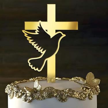 Imagem de Cross Dove Cake Topper, Acrylic Gold Mirror Holy Communion Christening Cake Decoration Baby Shower Cake Topper Baptist Theme Party Cake Decoraion Supplies